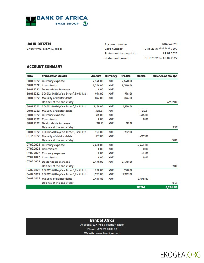 Relevé bancaire de la Niger Bank of Africa